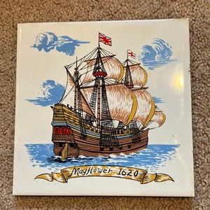 Vintage Ceramic Tile 6" x 6” Mayflower Ship Massachusetts Boat Nautical Trivet
